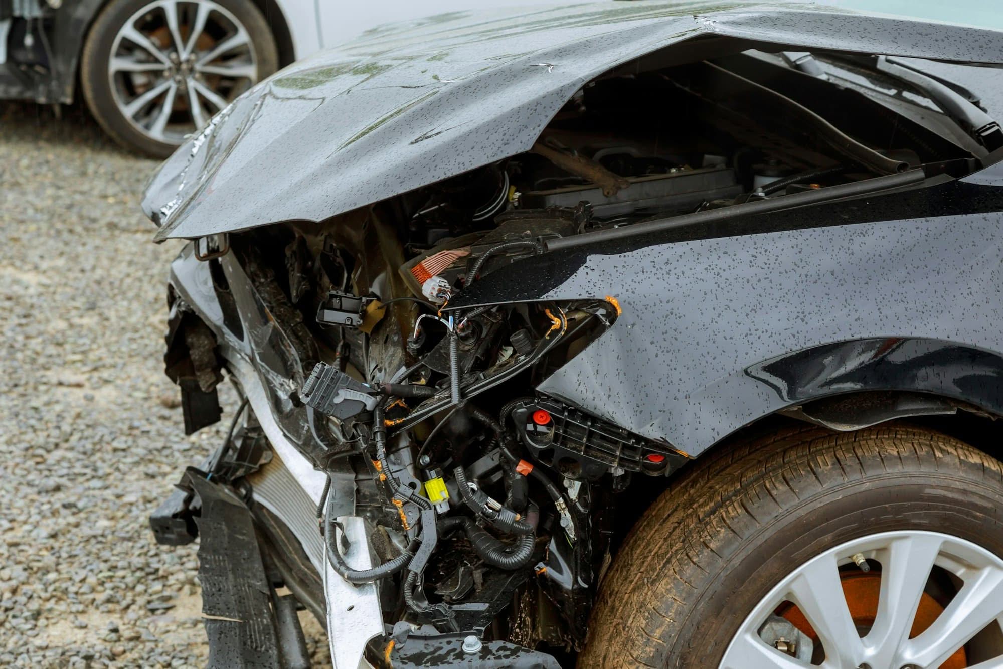 Fire-damaged car ready for recycling assessment