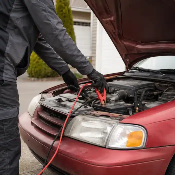 Technician connecting jumper cables to an older car with a dead battery