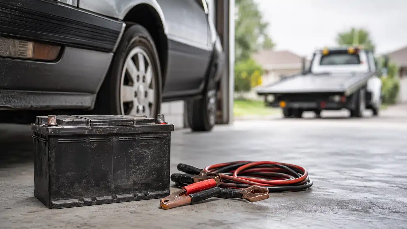 Used car battery and jumper cables ready for vehicle removal pickup