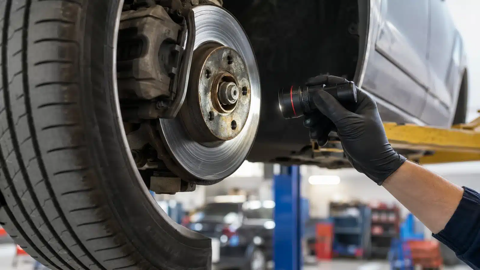 Mechanic inspecting a car brake disc during a vehicle safety check