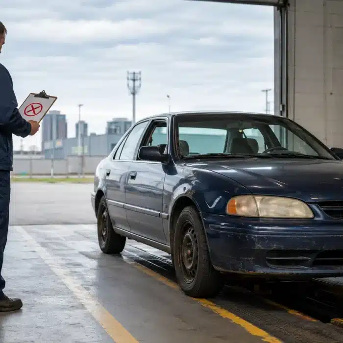 Older sedan being assessed after a failed vehicle inspection