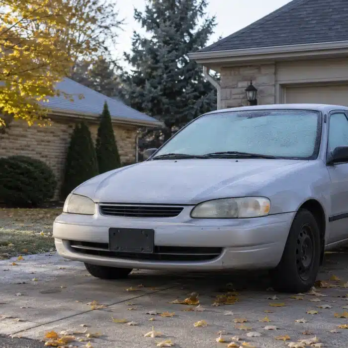 Older car in a driveway on a frosty autumn morning before winter