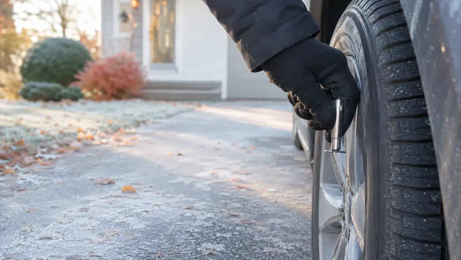 Checking an older car tire for winter readiness on a frosty driveway