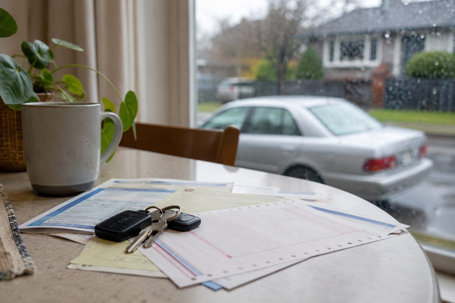 Vehicle ownership documents and keys prepared before selling a car with unpaid parking tickets in BC