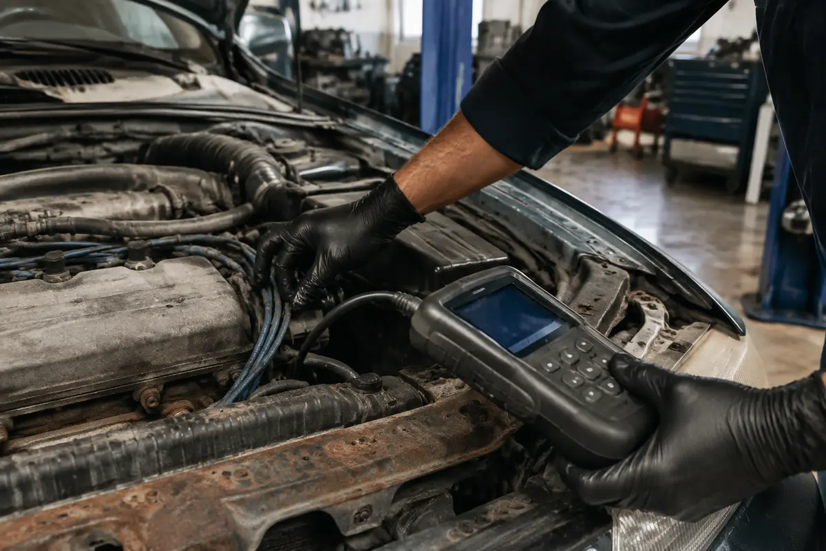 Mechanic inspecting an older vehicle affected by an open safety recall