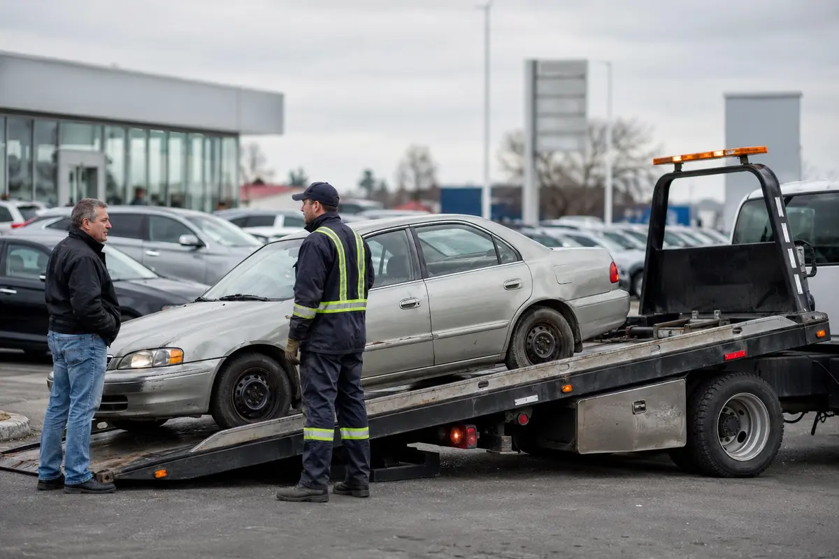 Tow truck collecting an older car after a dealership declined the trade in