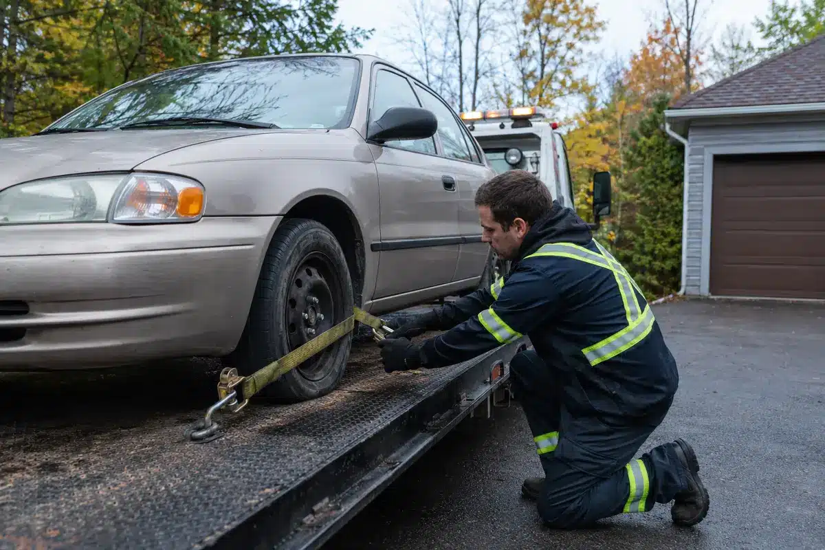 Tow operator safely securing an uninsured car for pickup in British Columbia