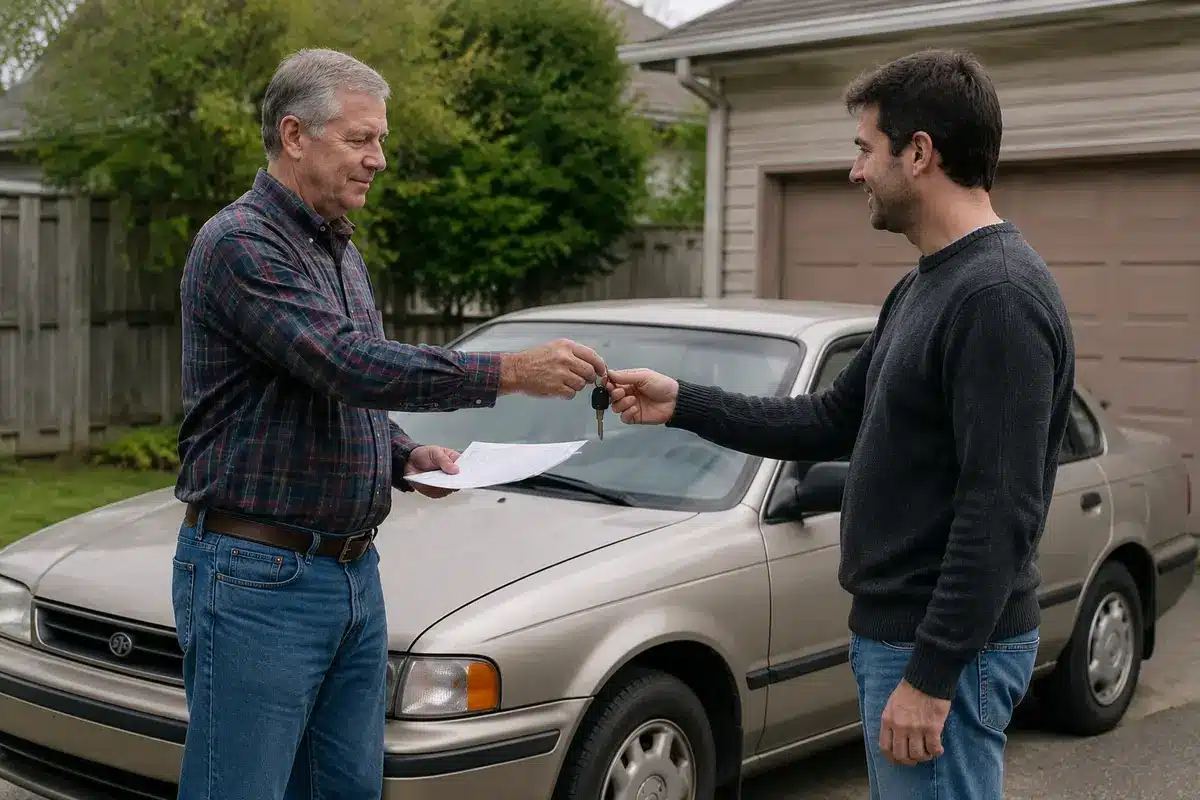 Family members completing vehicle ownership paperwork and handing over car keys
