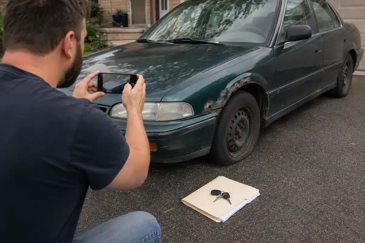 Owner photographing an older car to document its condition without service records