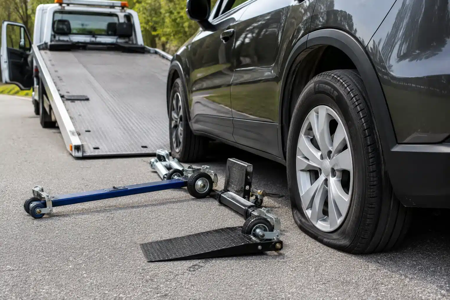 tow a car with four flat tires