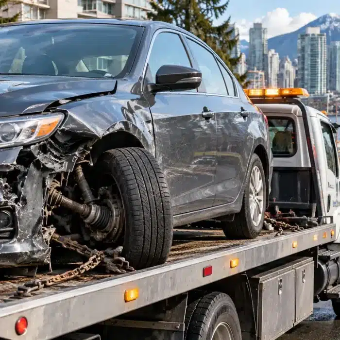 Car with a broken axle secured on a flatbed tow truck