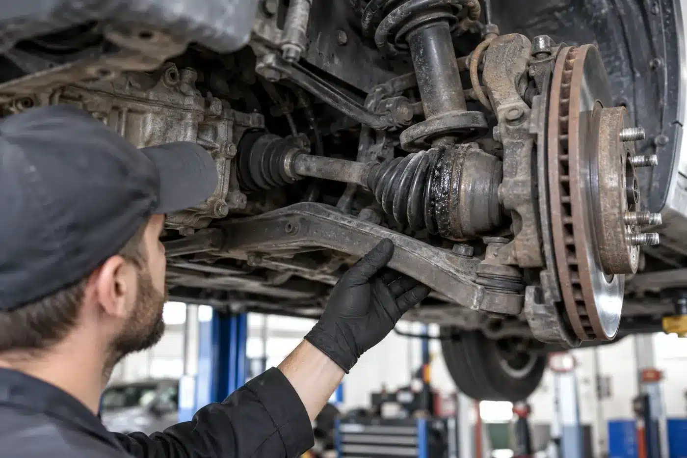 Mechanic checking a damaged axle and front suspension