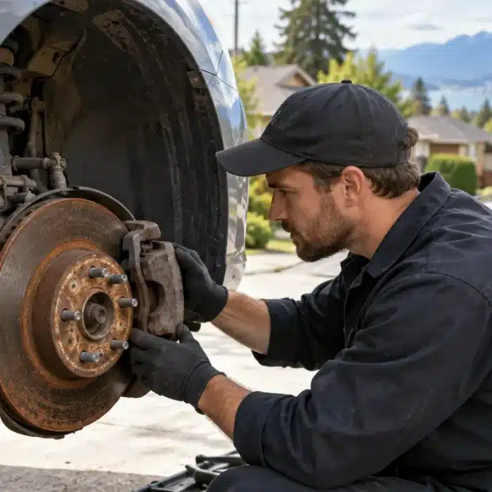 Mechanic inspecting a car with seized brakes