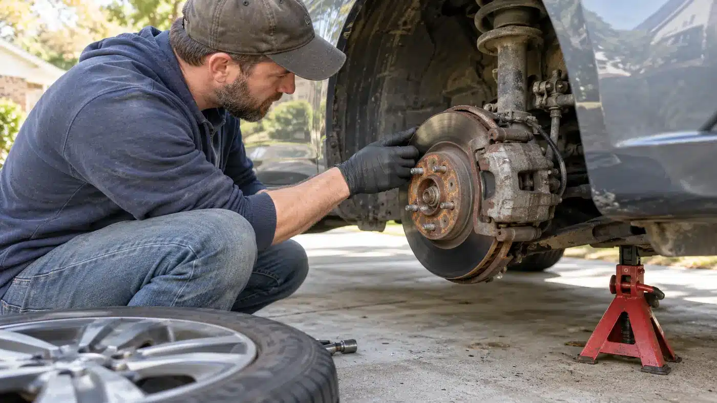 Mechanic inspecting a corroded brake rotor and caliper
