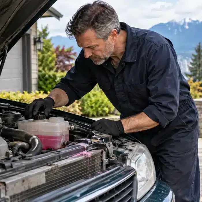 Mechanic inspecting a car with a serious coolant leak