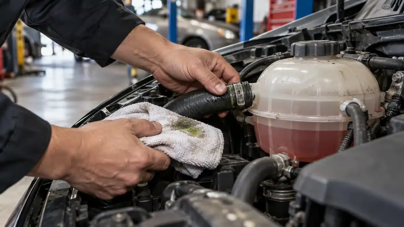 Mechanic checking a coolant hose and coolant reservoir on a stationary car