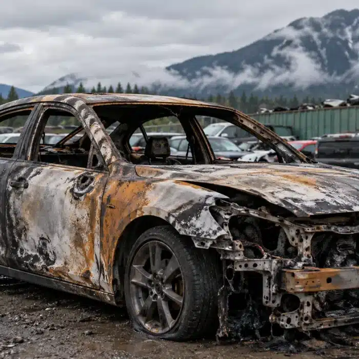 Fire-damaged car at an auto recycling inspection yard