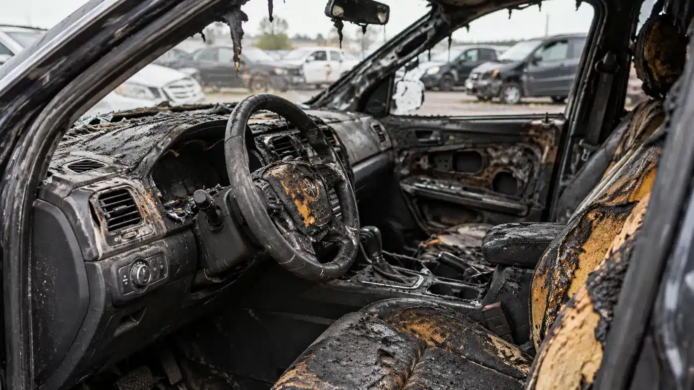 Soot and heat damage inside a fire-damaged car
