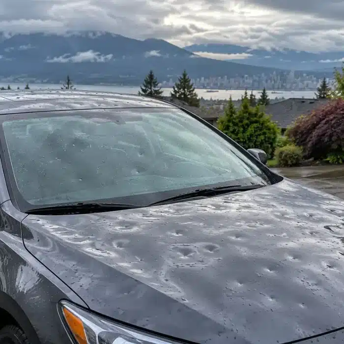 Hail-damaged car with dents on the hood and roof