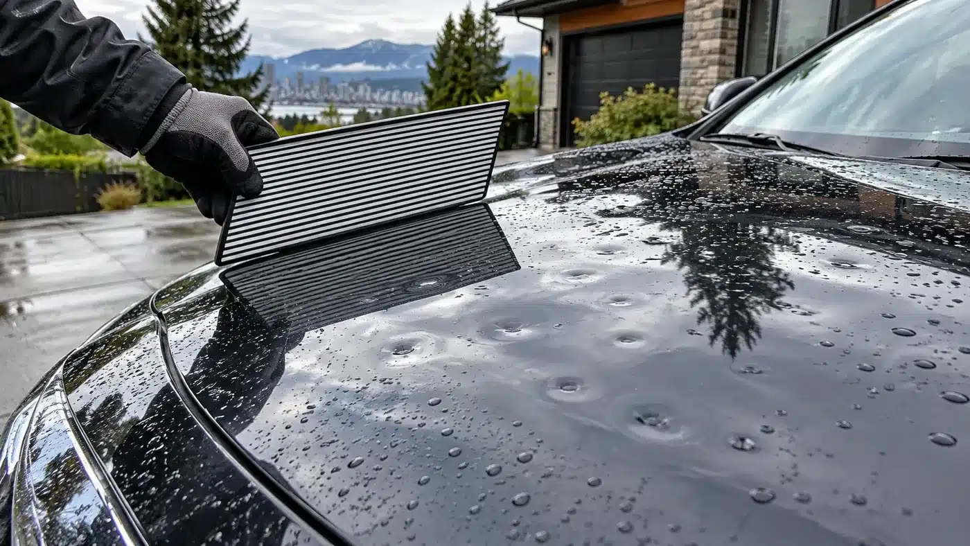 Technician checking hail dents on a car hood