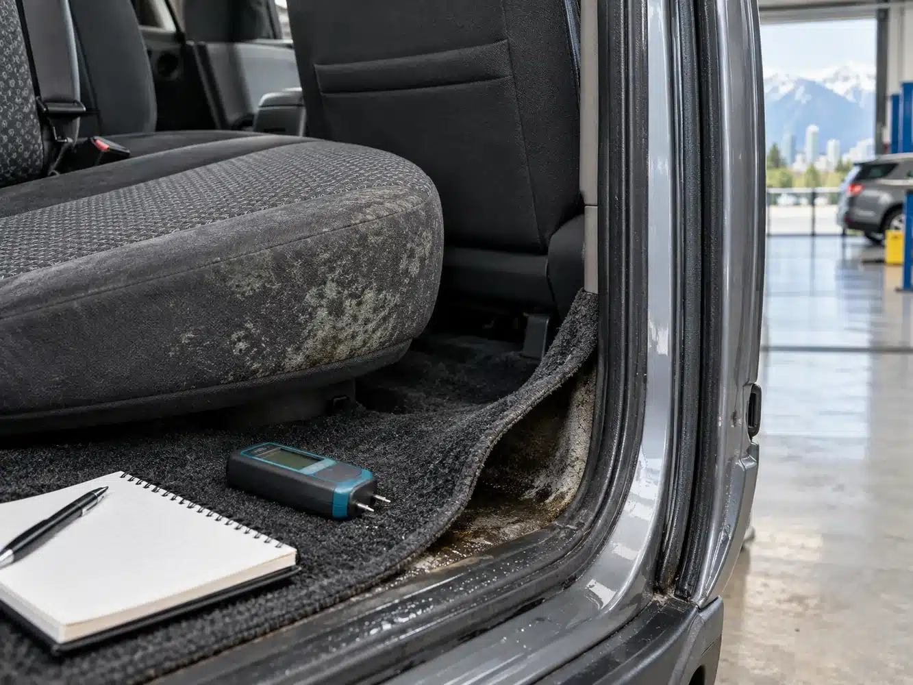 Close-up inspection of damp carpet and mould on a car seat