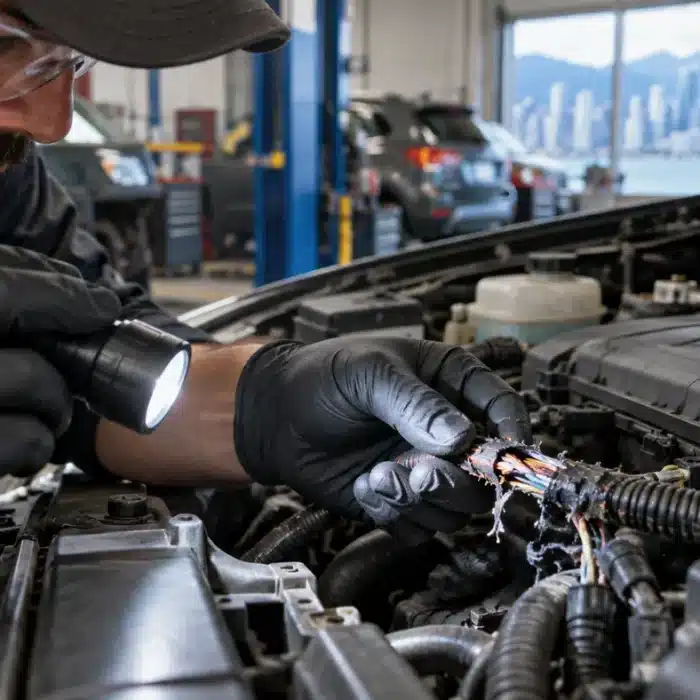 Technician inspecting a car with rodent-damaged wiring