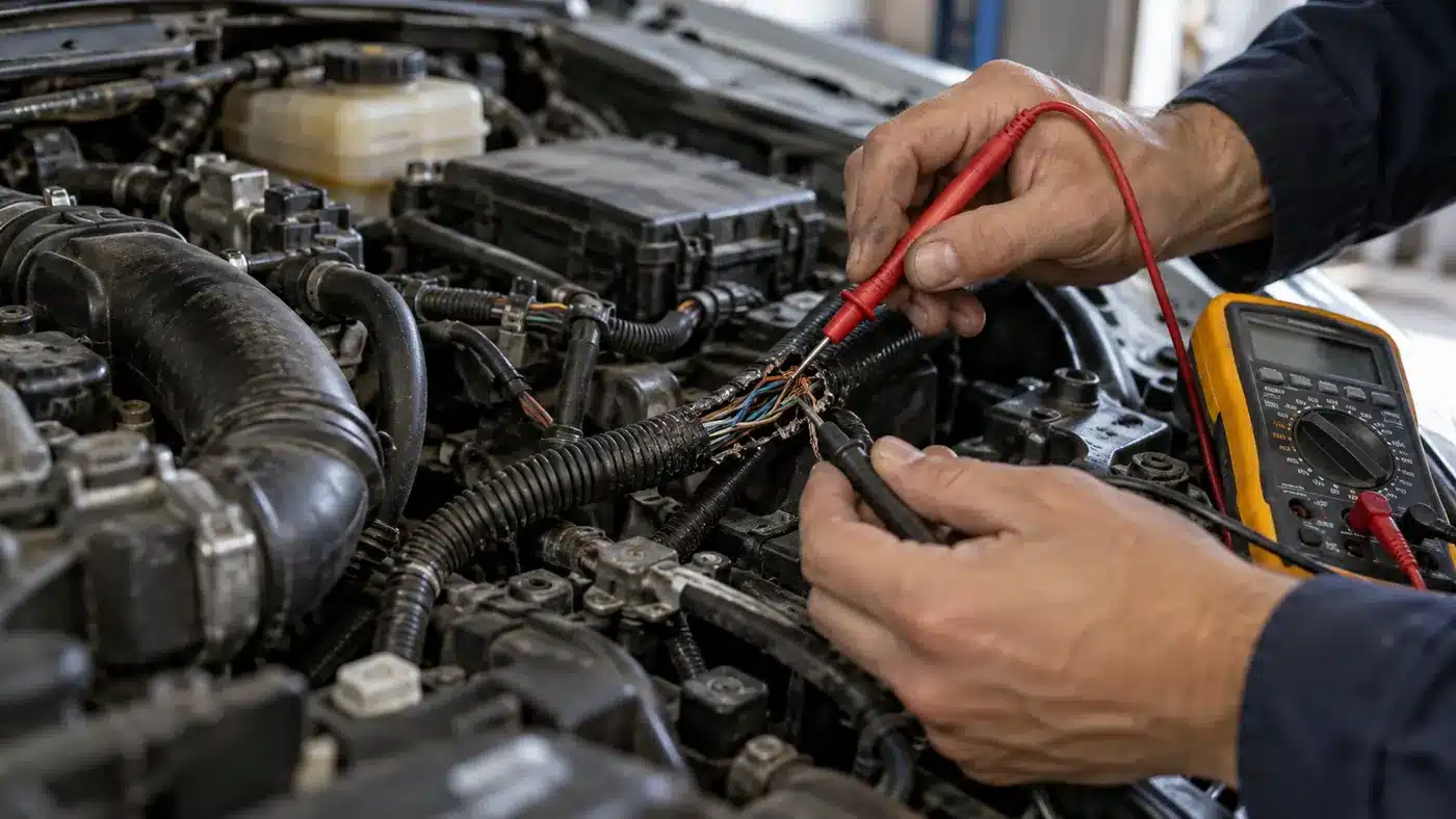 Close-up of a technician testing damaged car wiring with a multimeter